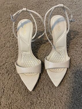 Aldo Cream Textured Pointed-Toe Ankle-Strap Heels